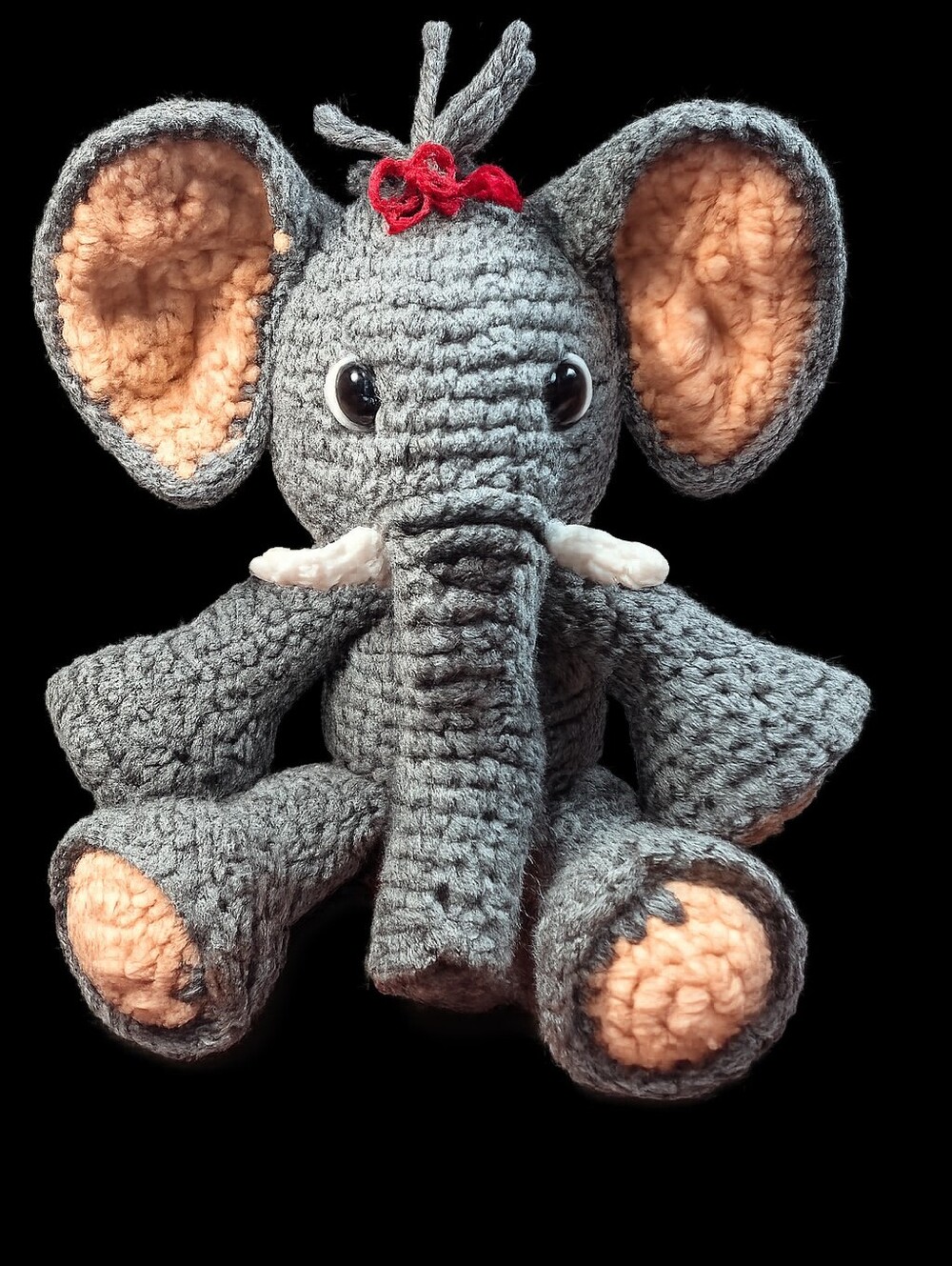 Handmade Crocheted Elephant Plush - Gray & Peach.  11 Inches